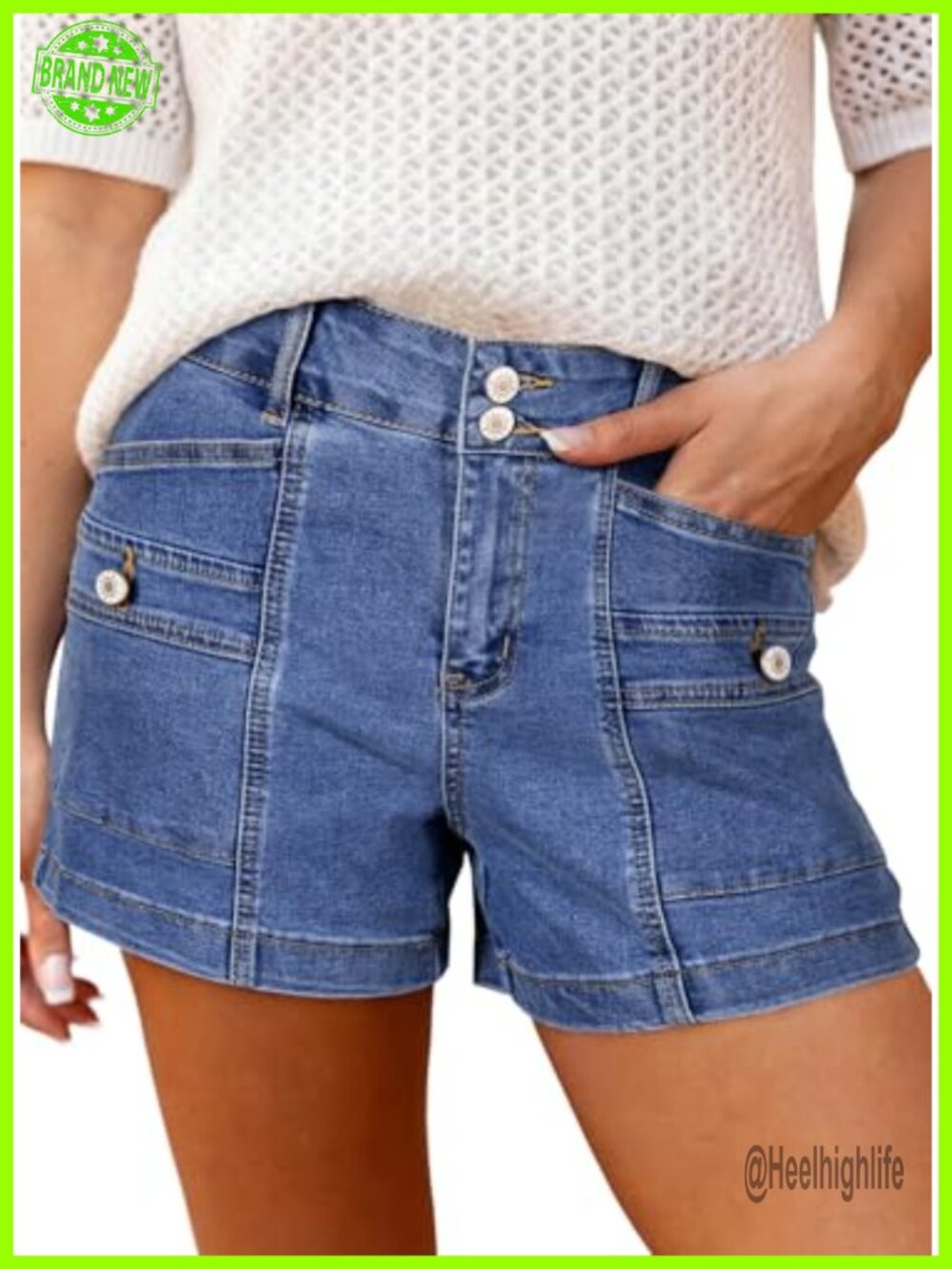 High Waisted Stretchy Denim Shorts Double Button Fly Vintage Wash A-Line